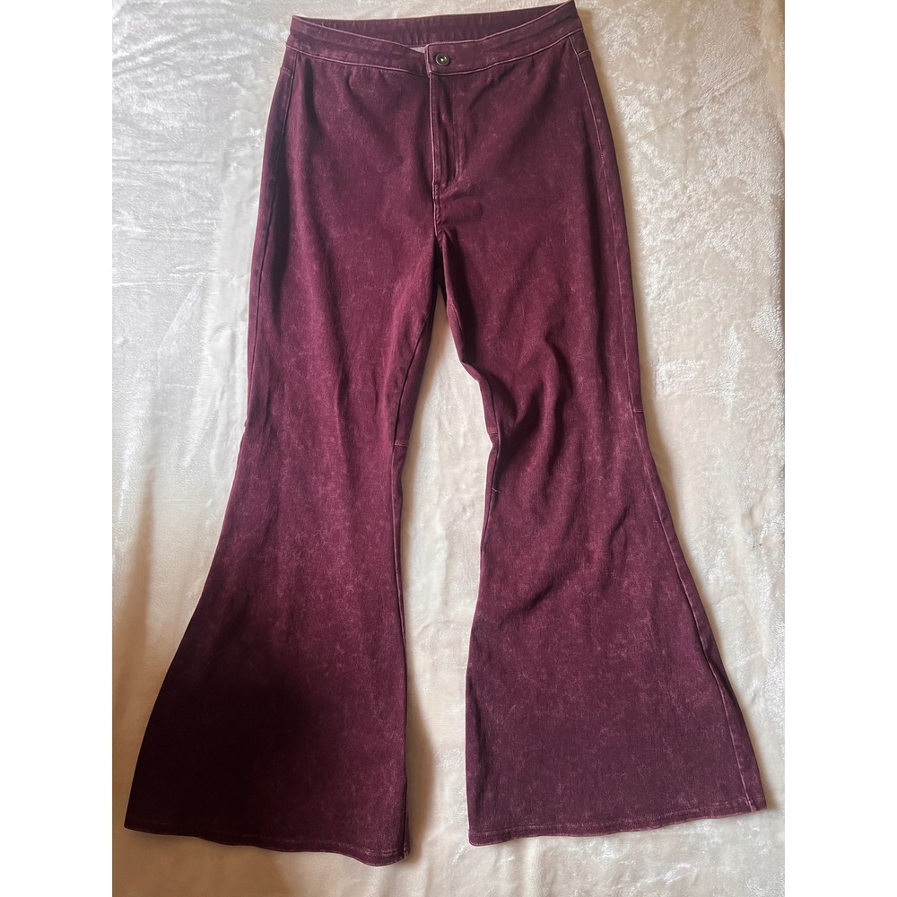 Burgundy High Waisted Flare Bell Bottom Pants Acid Wash Retro Boho Red 31x31